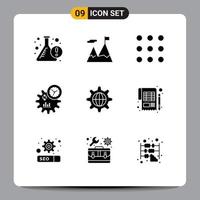 9 Thematic Vector Solid Glyphs and Editable Symbols of globe security call process engineering Editable Vector Design Elements