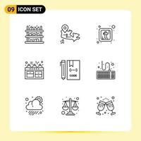 Mobile Interface Outline Set of 9 Pictograms of development coding cross code kitchen Editable Vector Design Elements