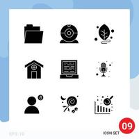 Pictogram Set of 9 Simple Solid Glyphs of microphone design leaf computer house Editable Vector Design Elements