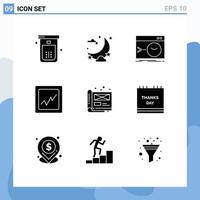Set of 9 Commercial Solid Glyphs pack for creative graph moon analytics software Editable Vector Design Elements