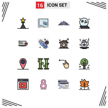 16 líneas llenas de colores planos universales símbolos de la noche programa de halloween murciélago montaña elementos de diseño de vectores creativos editables