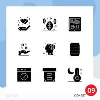 Mobile Interface Solid Glyph Set of 9 Pictograms of brain currency health money hand Editable Vector Design Elements