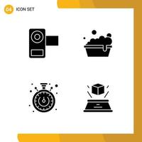 4 Universal Solid Glyphs Set for Web and Mobile Applications camera time movie cleaning box Editable Vector Design Elements