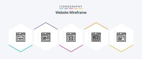 paquete de iconos de 25 líneas de estructura alámbrica del sitio web que incluye web. navegador. correo. solicitud. página vector