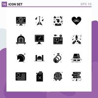 Group of 16 Solid Glyphs Signs and Symbols for luggage like tasks love plaster Editable Vector Design Elements