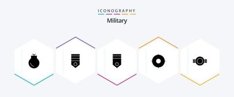 paquete de iconos militares de 25 glifos que incluye rango. militar. soldado. insignias. objetivo vector