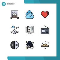 Pack of 9 Modern Filledline Flat Colors Signs and Symbols for Web Print Media such as card transportation heart holiday report Editable Vector Design Elements