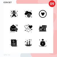 Set of 9 Commercial Solid Glyphs pack for game heart heart newsletter medal Editable Vector Design Elements