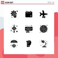 9 Thematic Vector Solid Glyphs and Editable Symbols of connection lantern cancel lamp transportation Editable Vector Design Elements