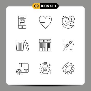 paquete de 9 signos y símbolos de contornos modernos para medios de impresión web, como elementos de diseño de vectores editables de tiempo de entorno de reloj de basura de controlador