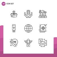 Group of 9 Modern Outlines Set for signal wifi secure usb building Editable Vector Design Elements