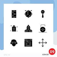 conjunto moderno de 9 glifos y símbolos sólidos, como instrumentos de la iglesia de Pascua, tienda de preguntas frecuentes, elementos de diseño vectorial editables vector