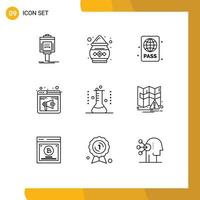 Group of 9 Outlines Signs and Symbols for speaker internet powder browser pool Editable Vector Design Elements