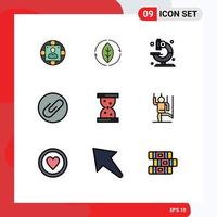 Pack of 9 Modern Filledline Flat Colors Signs and Symbols for Web Print Media such as hour clip power attachment science Editable Vector Design Elements