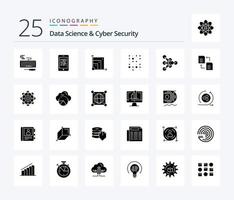 paquete de iconos de 25 glifos sólidos de ciencia de datos y seguridad cibernética que incluye aprendizaje. datos de la estructura. aprendizaje electrónico datos. ciencia vector