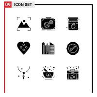 Pack of 9 Modern Solid Glyphs Signs and Symbols for Web Print Media such as sewing accessories dressmaking work dress button breakfast Editable Vector Design Elements