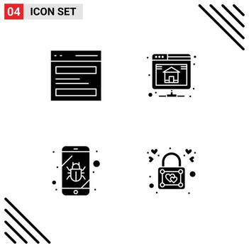 paquete de 4 signos y símbolos de glifos sólidos modernos para medios de impresión web, como elementos de diseño de vectores editables de seguridad de base de datos de interfaz de error de comunicación