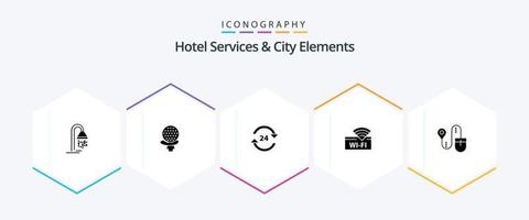 Hotel Services And City Elements 25 Glyph icon pack including device. wifi. concierge. hotel. service vector