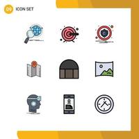 Mobile Interface Filledline Flat Color Set of 9 Pictograms of building navigation alert location map Editable Vector Design Elements