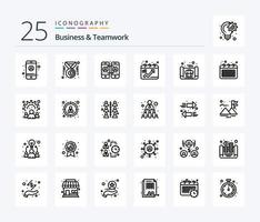 paquete de iconos de 25 líneas de negocios y trabajo en equipo que incluye el plan. plan de negocios. vocación. negocio. puntos vector