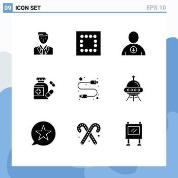 9 conjunto de glifos sólidos universales para aplicaciones web y móviles hardware de nave espacial siguiente elementos de diseño de vectores editables de medicina informática