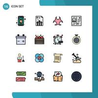 16 User Interface Flat Color Filled Line Pack of modern Signs and Symbols of battery travel report postcard science Editable Creative Vector Design Elements