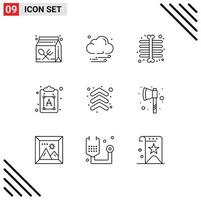 Mobile Interface Outline Set of 9 Pictograms of up arrow chest text process Editable Vector Design Elements