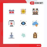 Group of 9 Flat Colors Signs and Symbols for search eye eat security lock Editable Vector Design Elements