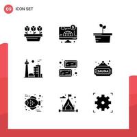 Set of 9 Commercial Solid Glyphs pack for ingot toronto nature famous city canada Editable Vector Design Elements