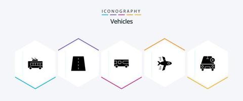 paquete de iconos de 25 glifos de vehículos, incluido el automóvil. avión. autopista. volador. vehículo vector