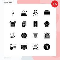 Pack of 16 Modern Solid Glyphs Signs and Symbols for Web Print Media such as tape recording search record school Editable Vector Design Elements