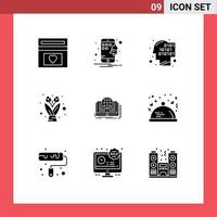 Universal Icon Symbols Group of 9 Modern Solid Glyphs of book writing binary gift flower Editable Vector Design Elements