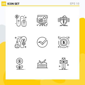 Mobile Interface Outline Set of 9 Pictograms of idea brainstorming insurance storming safe Editable Vector Design Elements