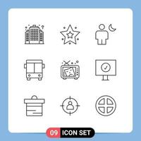 Pack of 9 Modern Outlines Signs and Symbols for Web Print Media such as art tv human vehicle bus Editable Vector Design Elements