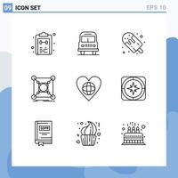 Group of 9 Modern Outlines Set for hub connection candy center sweets Editable Vector Design Elements