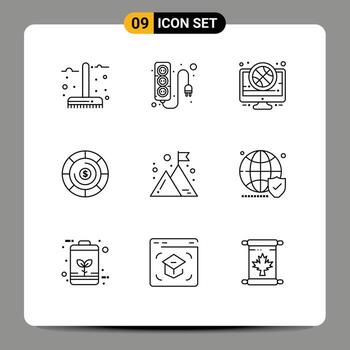 9 Universal Outlines Set for Web and Mobile Applications business coins power supply budget live Editable Vector Design Elements