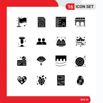 conjunto de pictogramas de 16 glifos sólidos simples de codificación de transporte de alimentos tren ferrocarril elementos de diseño vectorial editables vector