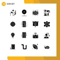 Set of 16 Vector Solid Glyphs on Grid for paint paint brush play watch new year Editable Vector Design Elements