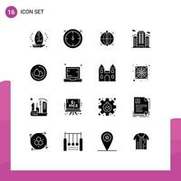 Pack of 16 Modern Solid Glyphs Signs and Symbols for Web Print Media such as droop city target work office Editable Vector Design Elements