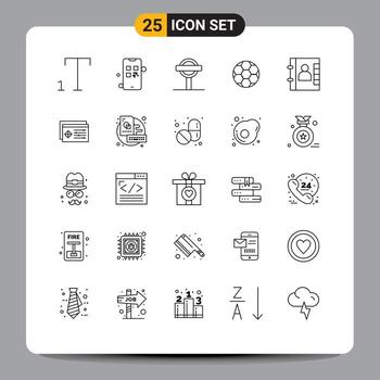 25 líneas universales establecidas para aplicaciones web y móviles que configuran elementos de diseño de vectores editables de fútbol de libro de tablero de contactos