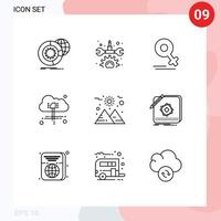 9 User Interface Outline Pack of modern Signs and Symbols of sun planet female power cloud Editable Vector Design Elements