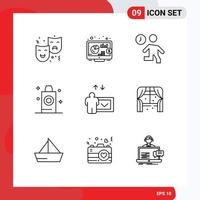 Group of 9 Modern Outlines Set for education room clock bath time Editable Vector Design Elements