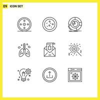 Pack of 9 Modern Outlines Signs and Symbols for Web Print Media such as e organ business lung cancer Editable Vector Design Elements