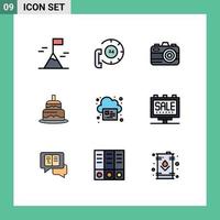 Pictogram Set of 9 Simple Filledline Flat Colors of print online camera countrey cake Editable Vector Design Elements