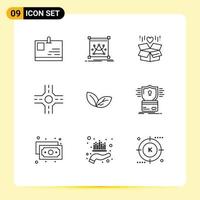 Pack of 9 Modern Outlines Signs and Symbols for Web Print Media such as security plant gift leaf crossroad Editable Vector Design Elements