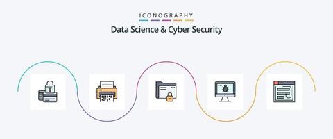 la línea de ciencia de datos y seguridad cibernética llenó el paquete de iconos planos 5 que incluye seguro. contraseña. Eliminar. carpeta. desfibradora vector