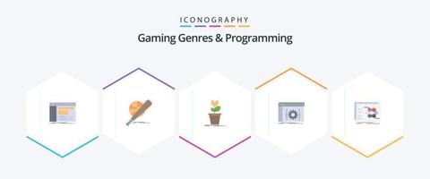 Géneros de juegos y programación Paquete de 25 íconos planos que incluye la aplicación. planta. bola. obstáculo. juego vector