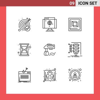 Editable Vector Line Pack of 9 Simple Outlines of kitchen time chip seo processor Editable Vector Design Elements