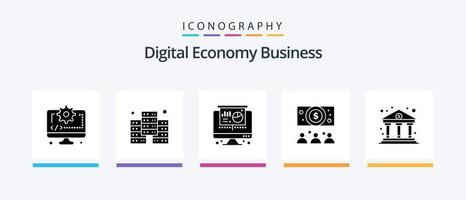 Digital Economy Business Glyph 5 Icon Pack Including . economy. projector. business. online. Creative Icons Design vector