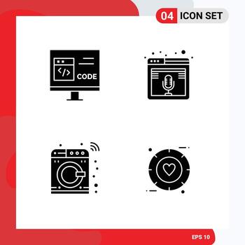 4 símbolos de signos de glifos sólidos universales de la aplicación web desarrollan elementos de diseño vectorial editables de máquina de micrófono vector
